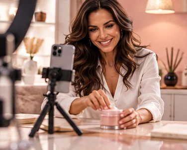 Creator filming a skincare product with a smartphone on a tripod