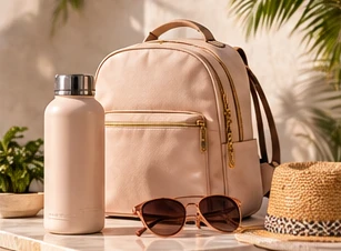 Travel backpack, water bottle and sunglasses