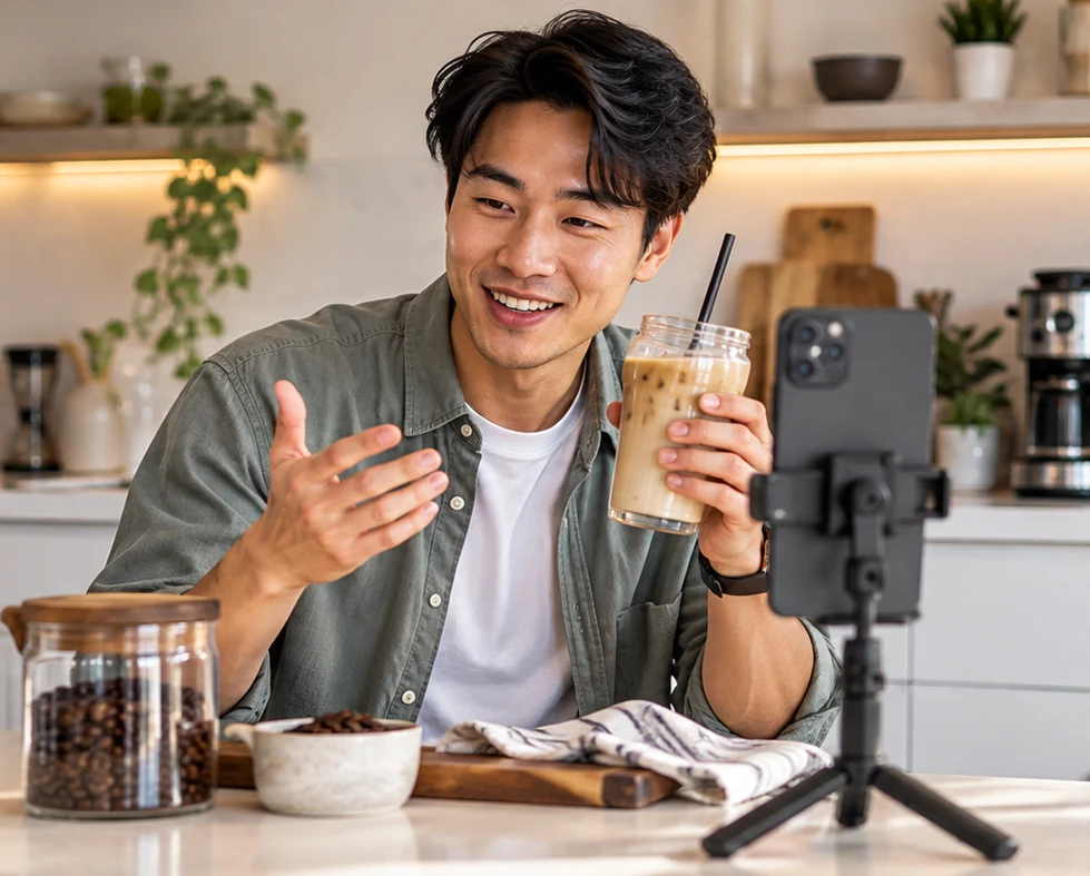Man filming an iced coffee in his kitchen